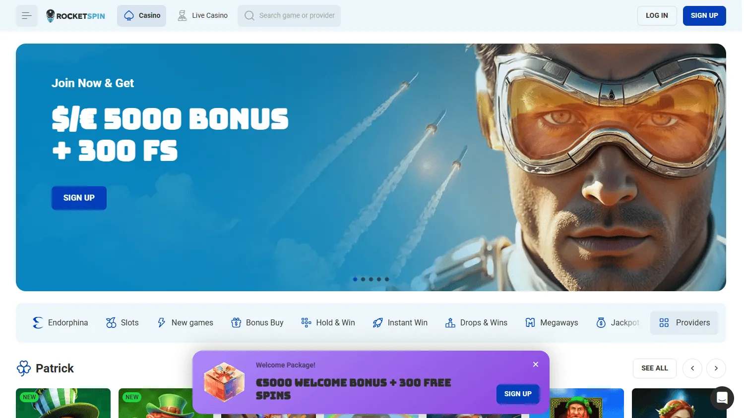 Rocket Spin Casino desktop home interface for Australian players