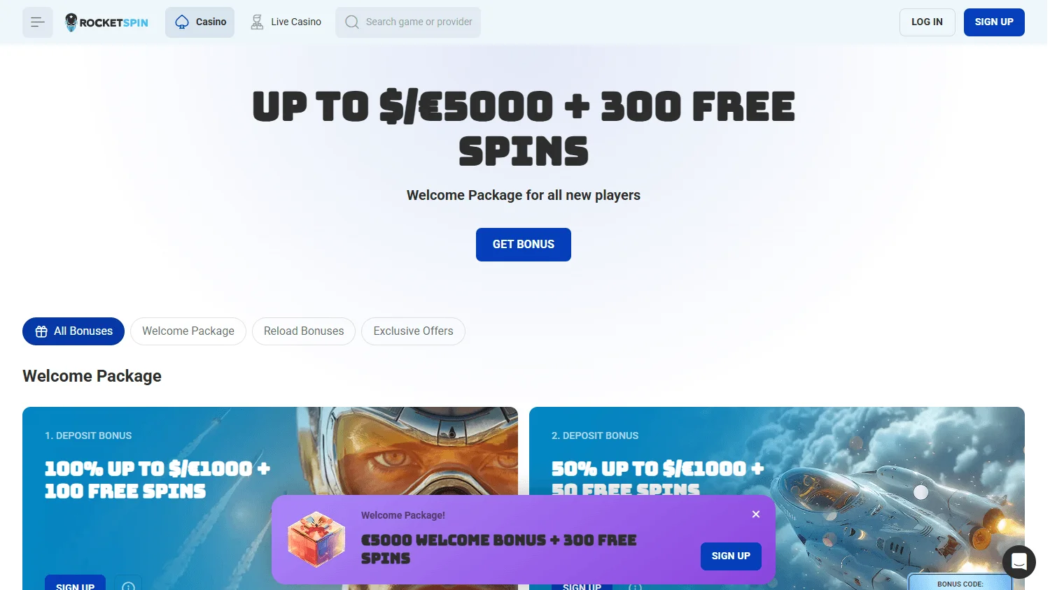 Rocket Spin Casino desktop promotions area with casino offers