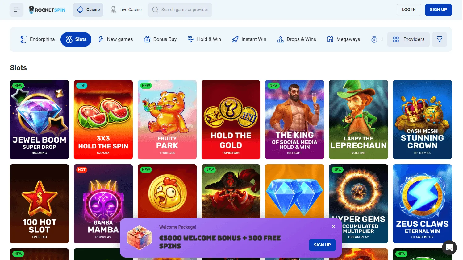 Rocket Spin Casino desktop game library with casino and live game categories